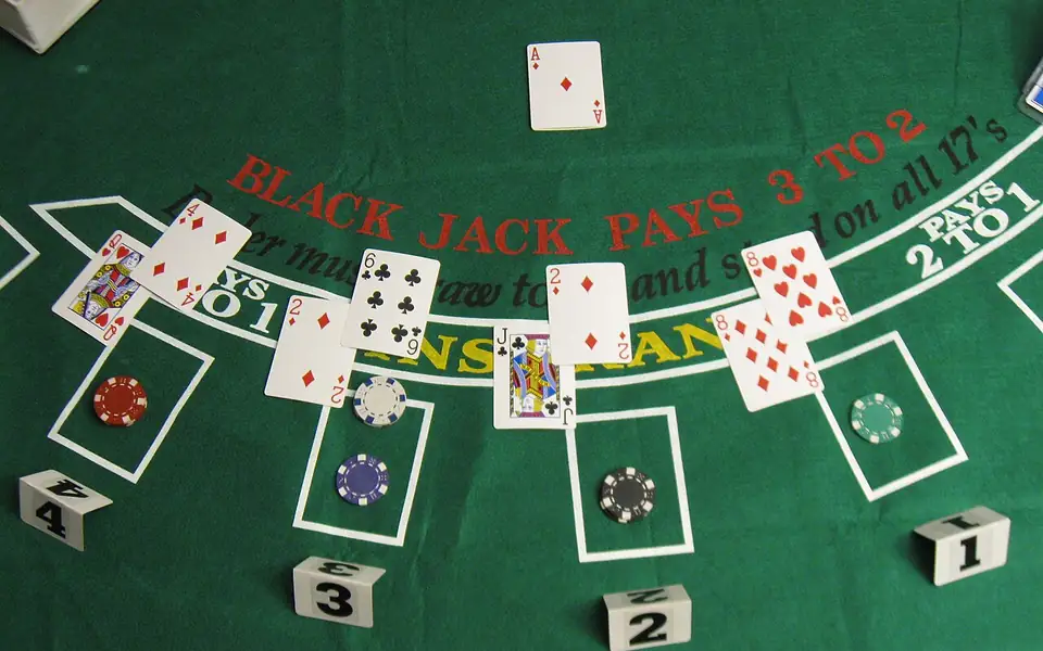 Blackjack table with cards and chips